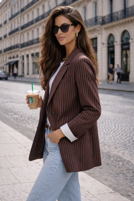 Blazer chocolat à rayures blanches femme